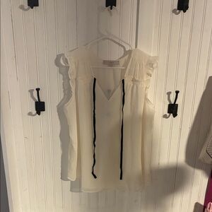 LOFT Cream Sleeveless V-Neck Blouse with Black Tie